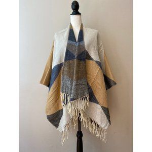 Tan Blue Cape Poncho Shawl Wrap Coat with Fringe